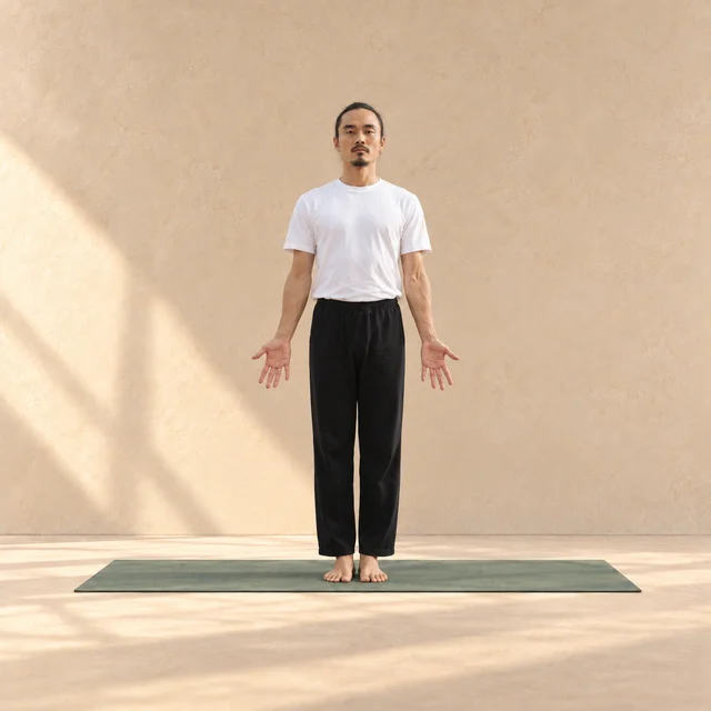Tadasana : homme debout de face, pieds rapprochés, bras relâchés et paumes ouvertes sur un tapis sauge dans un studio beige.