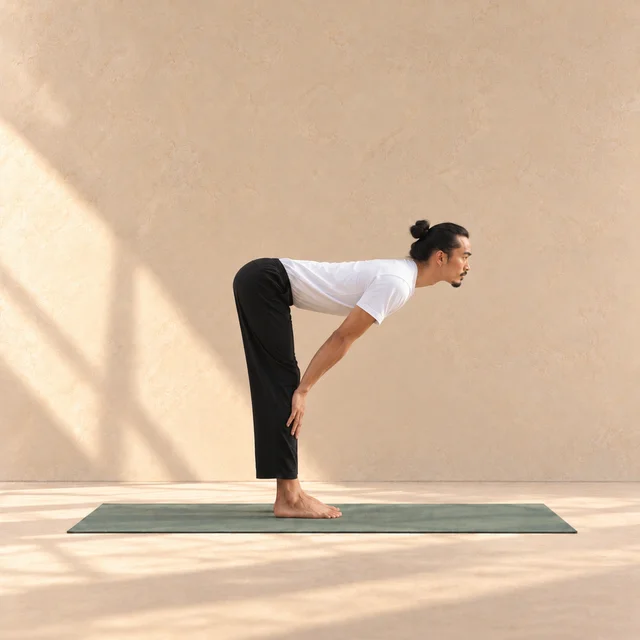 Ardha Uttanasana : modèle debout, buste allongé à l’horizontale et mains posées sur les tibias, sur un tapis sauge en studio.