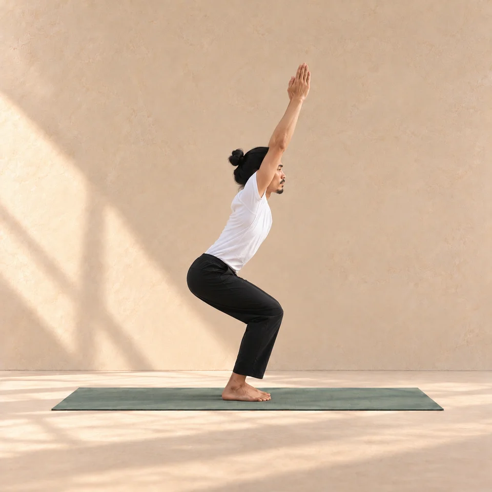 Utkatasana : modèle en posture de la chaise, genoux fléchis et bras levés, pieds nus sur un tapis sauge dans un studio beige.