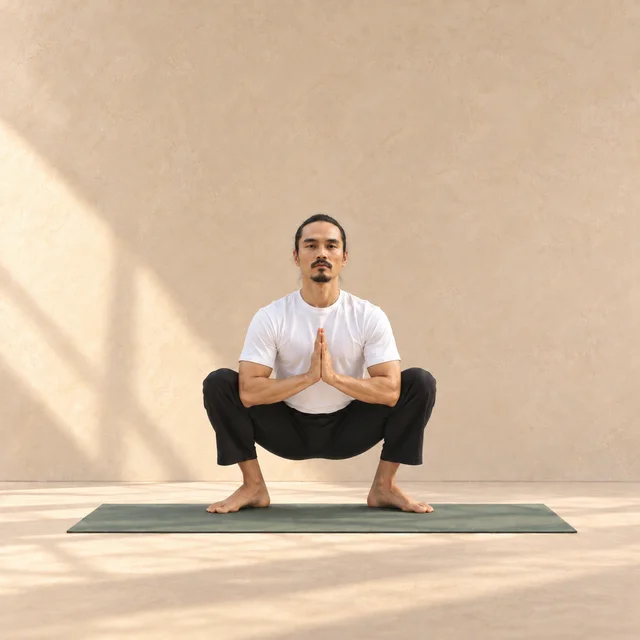 Malasana : modèle de face en squat profond, pieds au sol et genoux ouverts, mains jointes au centre de la poitrine sur un tapis sauge en studio.