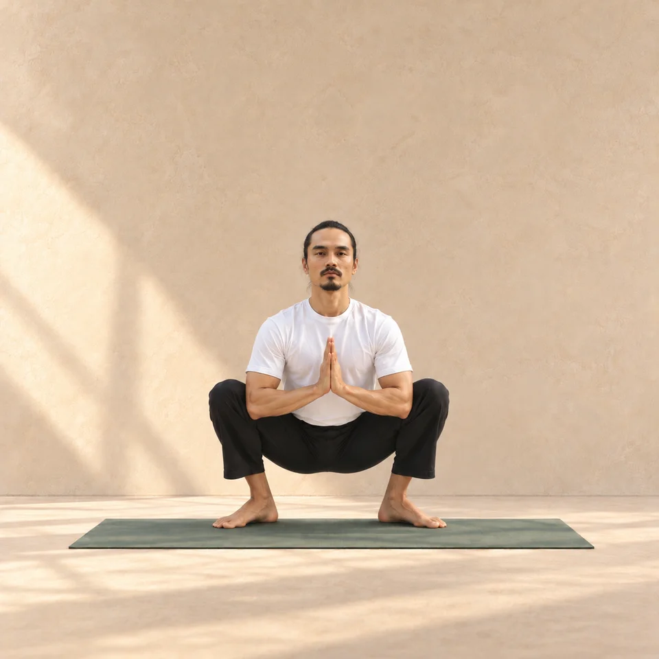 Malasana : modèle de face en squat profond, pieds au sol et genoux ouverts, mains jointes au centre de la poitrine sur un tapis sauge en studio.