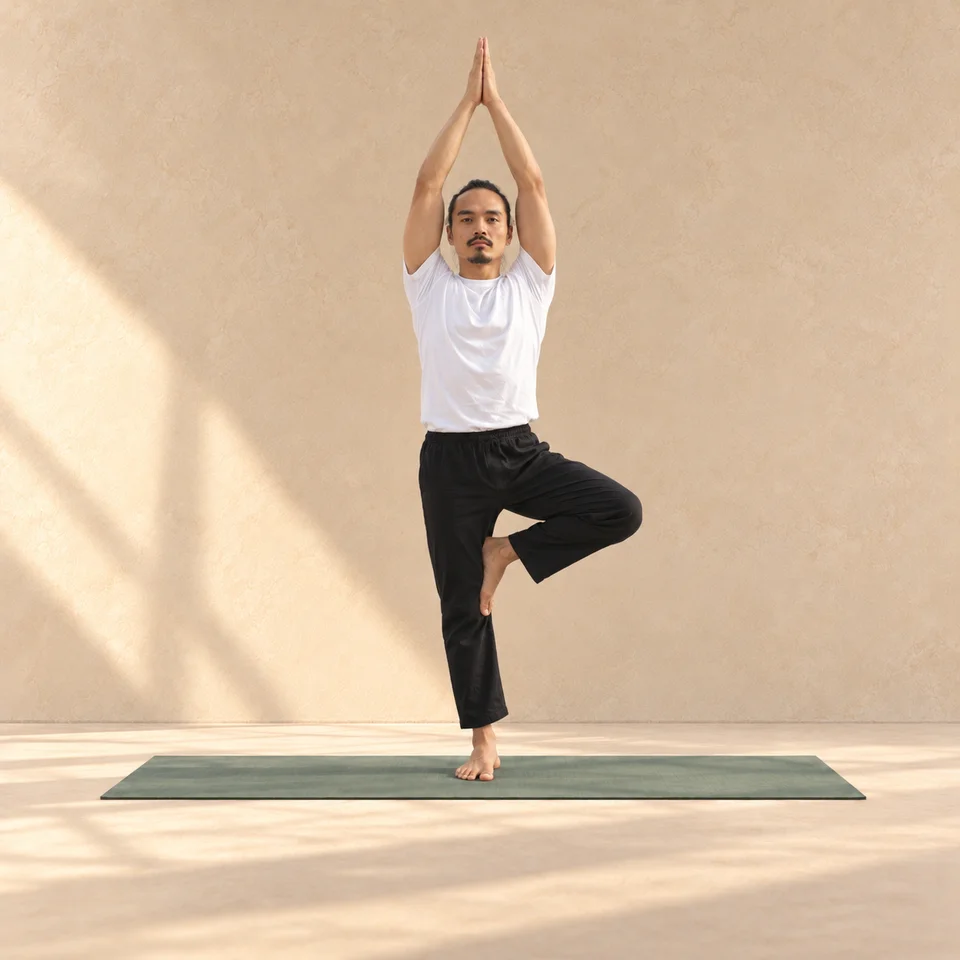 Vrksasana : modèle de face en équilibre sur un pied, autre pied posé contre l’intérieur de la jambe et bras levés, sur un tapis sauge en studio.