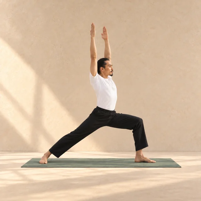 Virabhadrasana I : modèle en fente, genou avant fléchi, jambe arrière tendue talon au sol et bras levés sur un tapis sauge en studio.