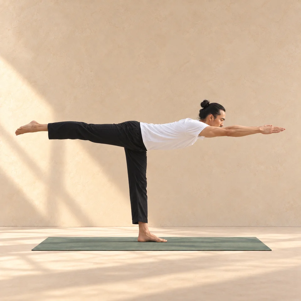 Virabhadrasana III : modèle en équilibre sur une jambe, buste et jambe arrière allongés presque à l’horizontale, bras étendus devant lui au-dessus du tapis sauge.