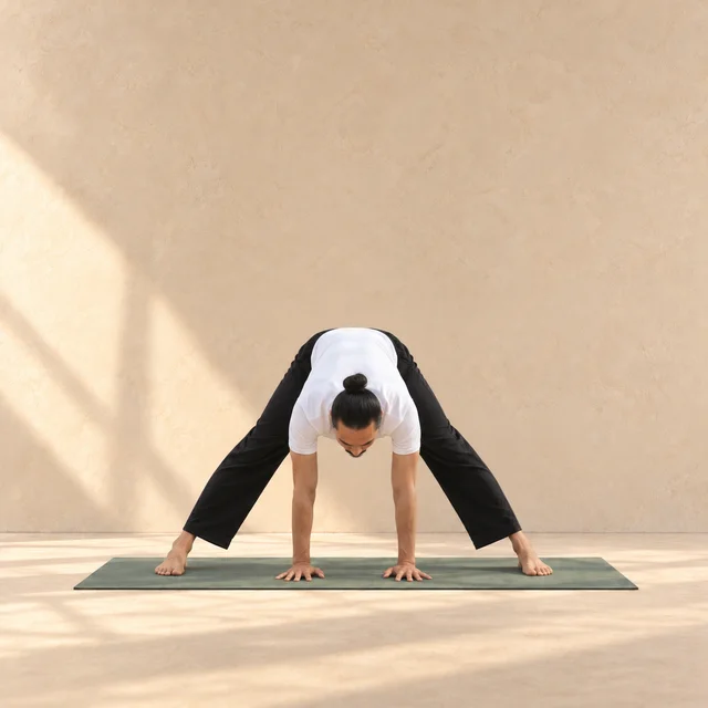 Prasarita Padottanasana, flexion avant jambes écartées, dans le studio ASANARC.