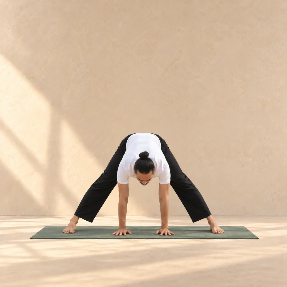 Prasarita Padottanasana, flexion avant jambes écartées, dans le studio ASANARC.