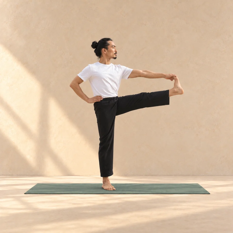 Utthita Hasta Padangusthasana, main au gros orteil debout, dans le studio ASANARC.
