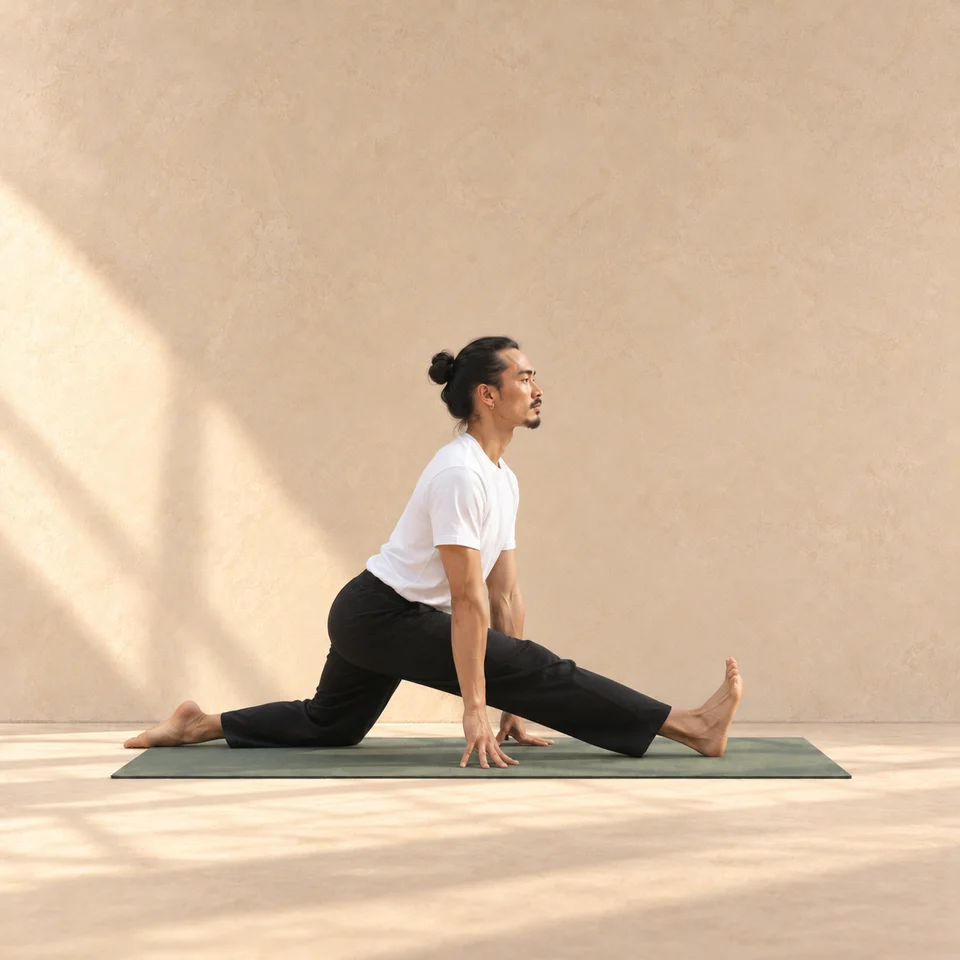 Demi-grand écart : jambe avant tendue, orteils relevés et genou arrière posé sur le tapis.