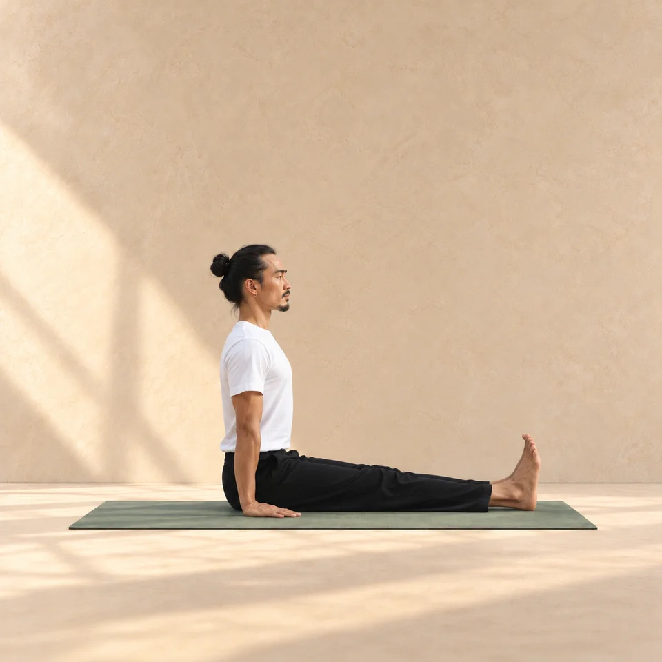 Posture du bâton assise, jambes jointes allongées et buste vertical.