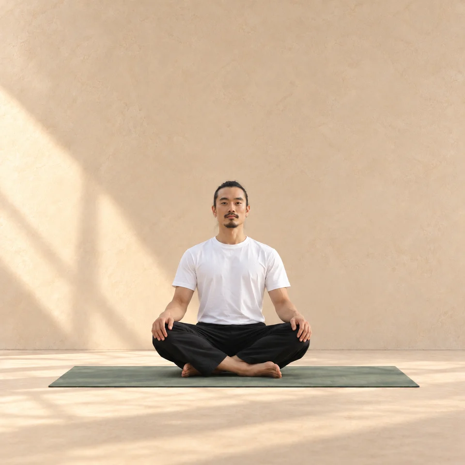 Assise simple, jambes croisées aux tibias et mains posées sur les genoux.
