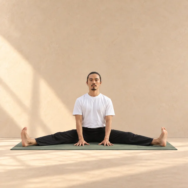 Angle ouvert assis : jambes tendues largement écartées et buste incliné vers l’avant.