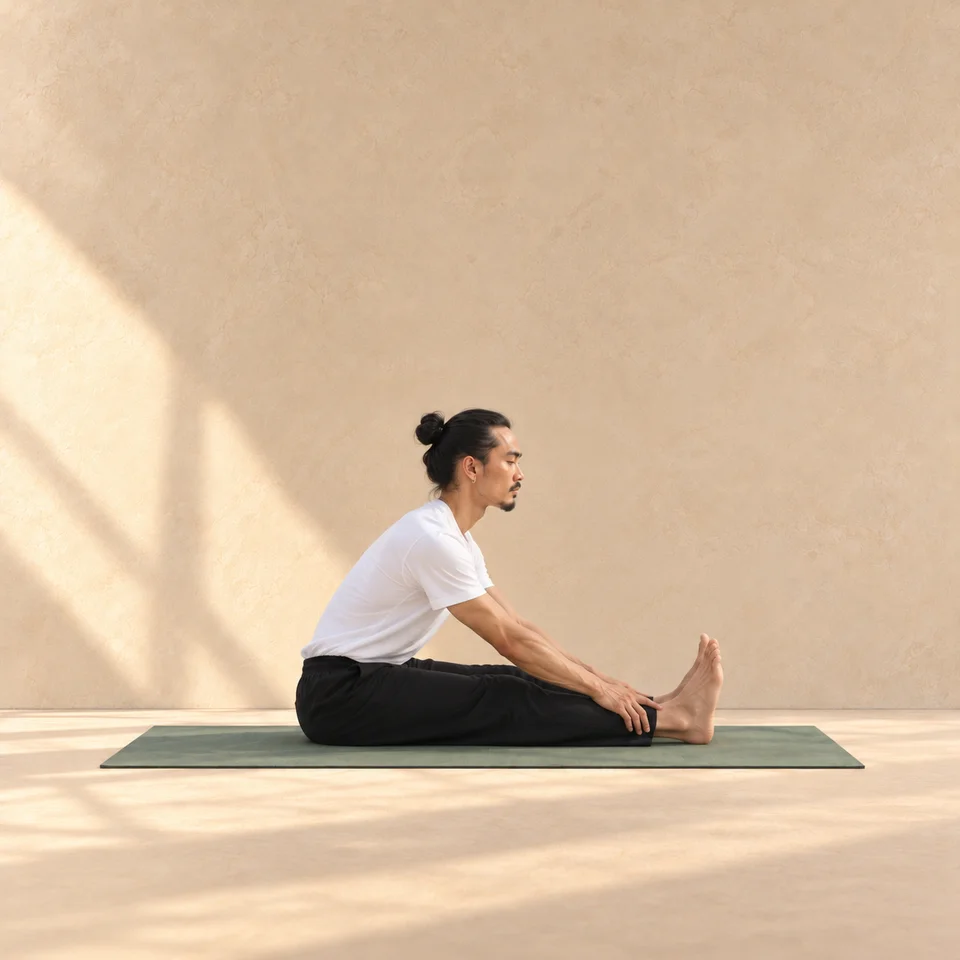 Pince assise, jambes jointes allongées et buste incliné depuis les hanches.