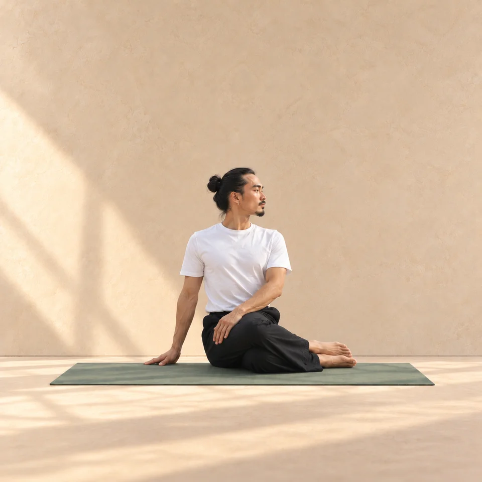Homme assis en torsion de Bharadvaja sur un tapis sauge.