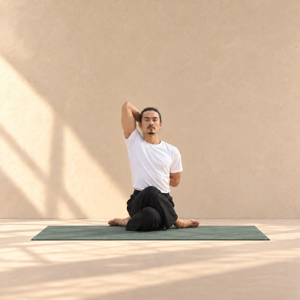 Homme de face en posture de la tête de vache sur un tapis sauge.
