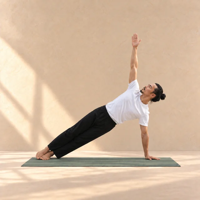 Homme en planche latérale, une main au sol, pieds superposés et bras libre levé.