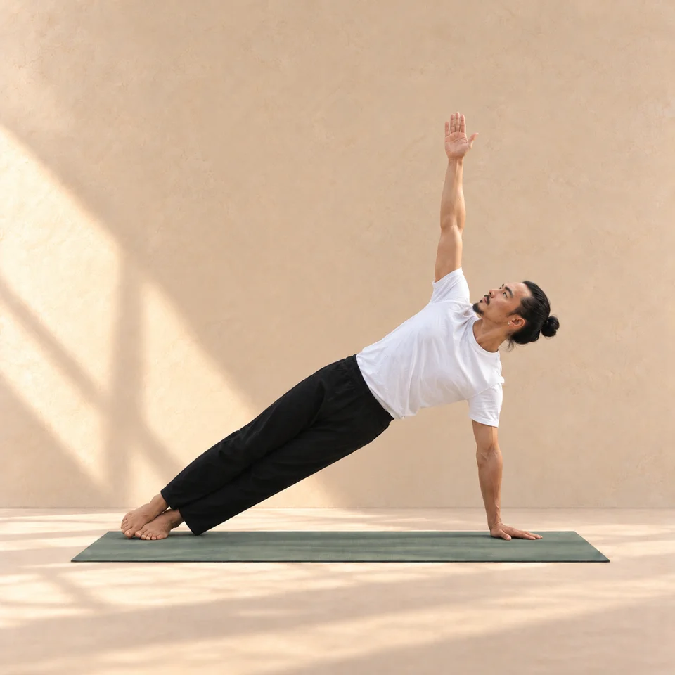 Homme en planche latérale, une main au sol, pieds superposés et bras libre levé.