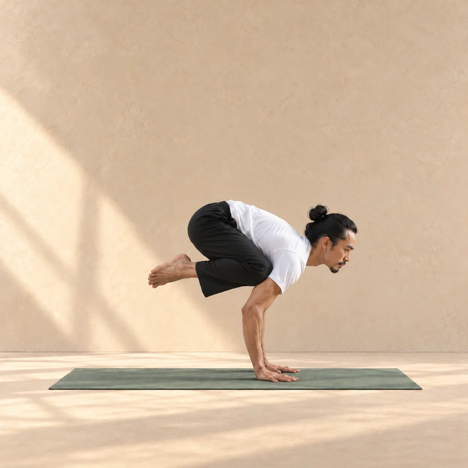 Kakasana de profil, bras fléchis, genoux sur les bras et pieds décollés du tapis.
