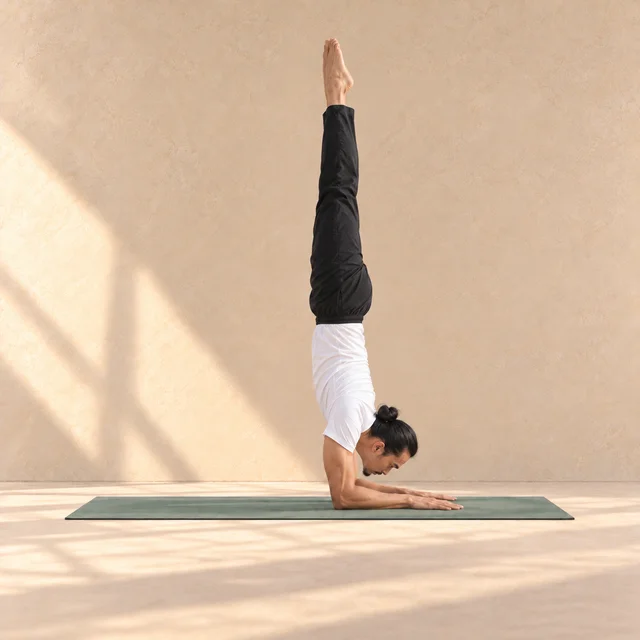 Pincha Mayurasana de profil, en équilibre sur les avant-bras avec jambes tendues vers le haut.