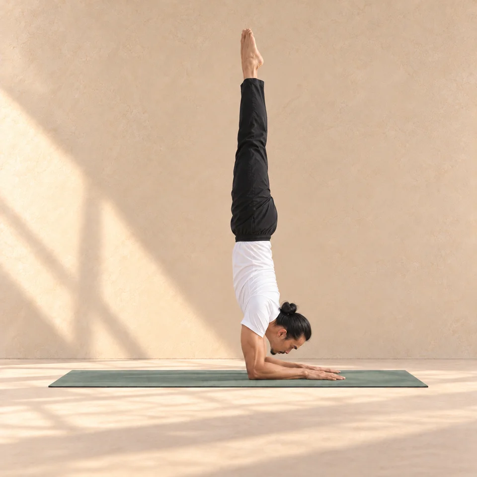 Pincha Mayurasana de profil, en équilibre sur les avant-bras avec jambes tendues vers le haut.