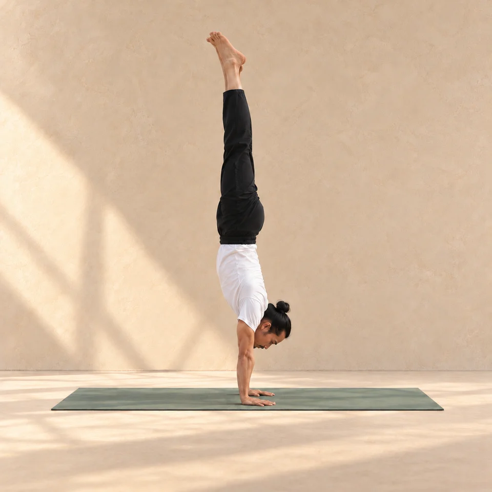 Adho Mukha Vrksasana de profil, mains à plat sur le tapis et jambes serrées à la verticale.