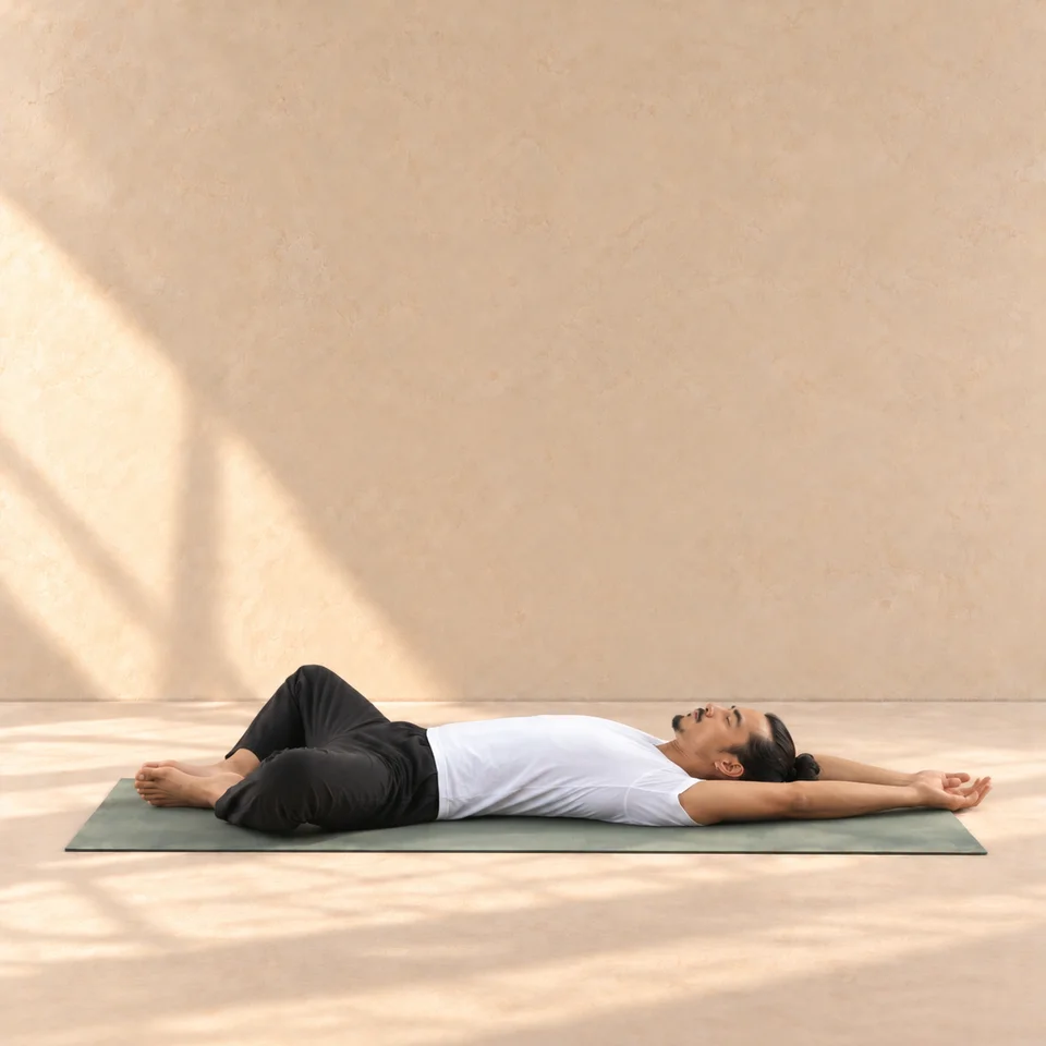 Supta Baddha Konasana de profil, dos au tapis, plantes de pieds ensemble, genoux ouverts et bras au-dessus de la tête.