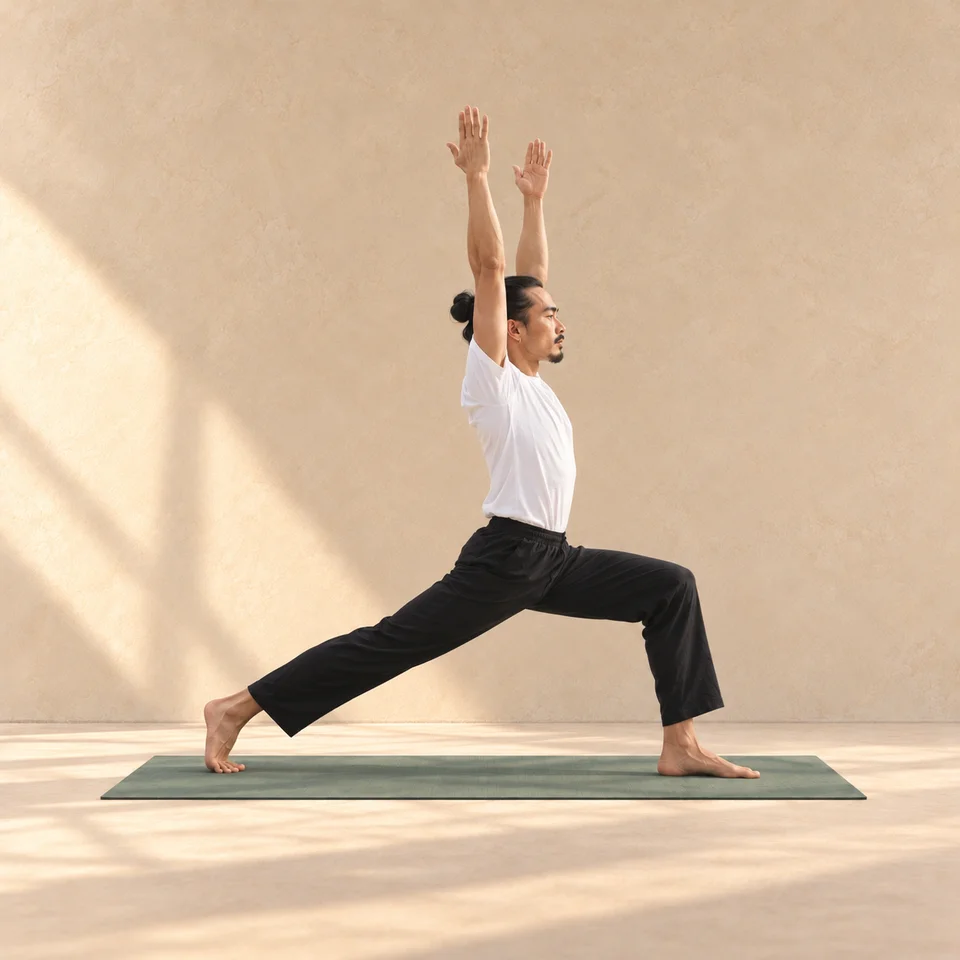 Ashta Chandrasana de profil, visage vers la droite : fente haute, genou avant fléchi, talon arrière levé et bras au-dessus de la tête sur un tapis sauge.