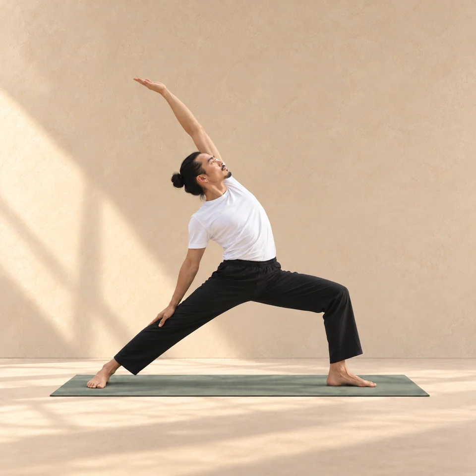 Viparita Virabhadrasana, guerrier inversé tourné vers la droite : genou avant fléchi, pied arrière ancré et bras avant arqué au-dessus de la tête.