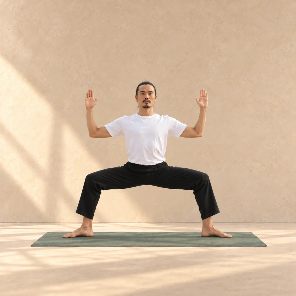 Utkata Konasana de face : jambes largement écartées, deux genoux fléchis vers l’extérieur et bras en chandelier sur un tapis sauge.