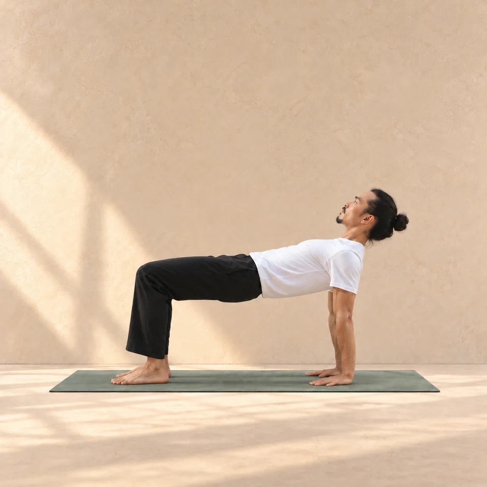 Ardha Purvottanasana de profil vers la droite : pieds et mains au sol, genoux pliés, hanches levées et buste presque horizontal.