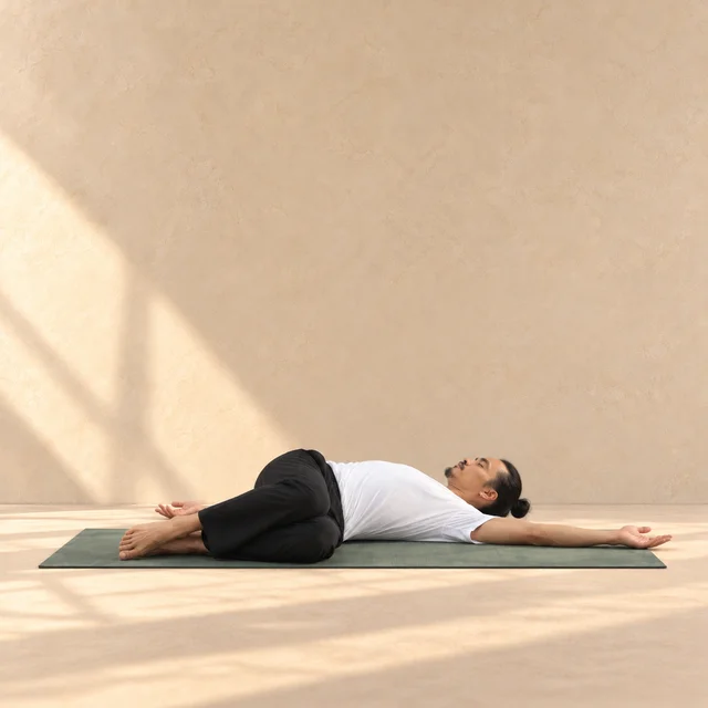 Supta Matsyendrasana vu en trois quarts : homme allongé sur le dos, bras ouverts, genoux pliés tombant ensemble sur un côté et épaules au sol.