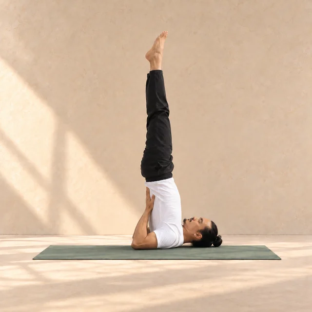 Salamba Sarvangasana de profil : épaules et bras au tapis sans couverture, mains au dos, coudes au sol et deux jambes tendues verticalement.