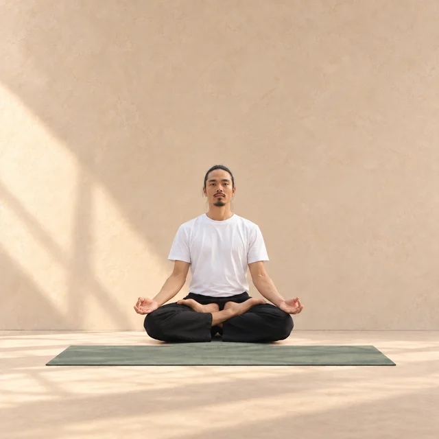 Padmasana de face : homme assis en lotus, deux pieds sur les cuisses opposées, mains ouvertes sur les genoux et dos droit.