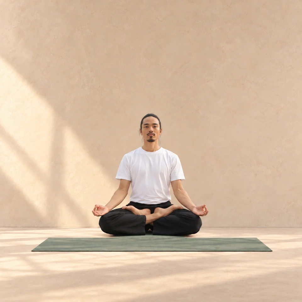 Padmasana de face : homme assis en lotus, deux pieds sur les cuisses opposées, mains ouvertes sur les genoux et dos droit.