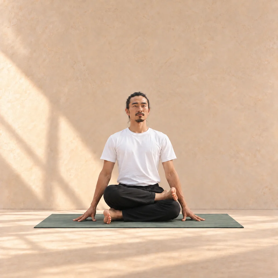 Agnistambhasana de face : homme assis droit, tibias repliés et superposés devant lui, pieds actifs et mains au tapis.