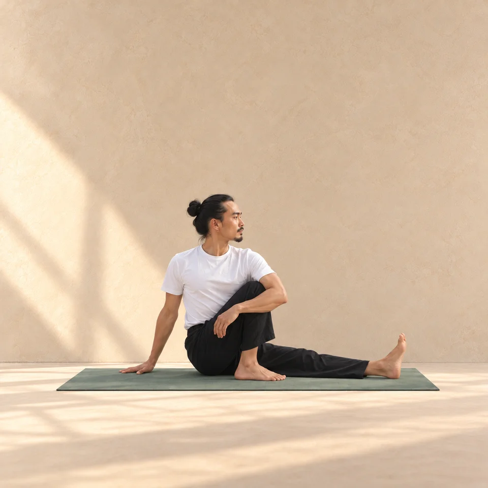 Marichyasana III de trois quarts : une jambe tendue, l’autre genou fléchi, main au sol derrière le bassin et buste tourné vers le genou.