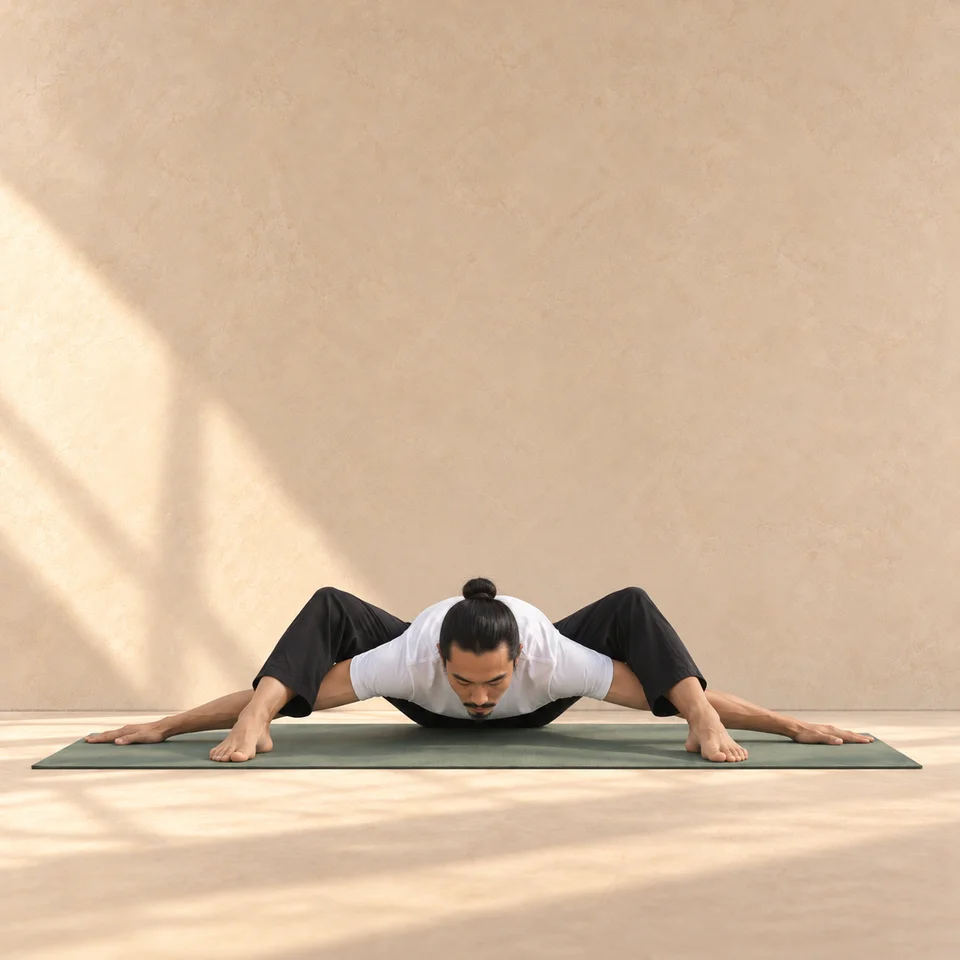 Kurmasana de face : buste bas entre les jambes ouvertes, bras allongés sous les genoux vers les côtés, poitrine proche du tapis.