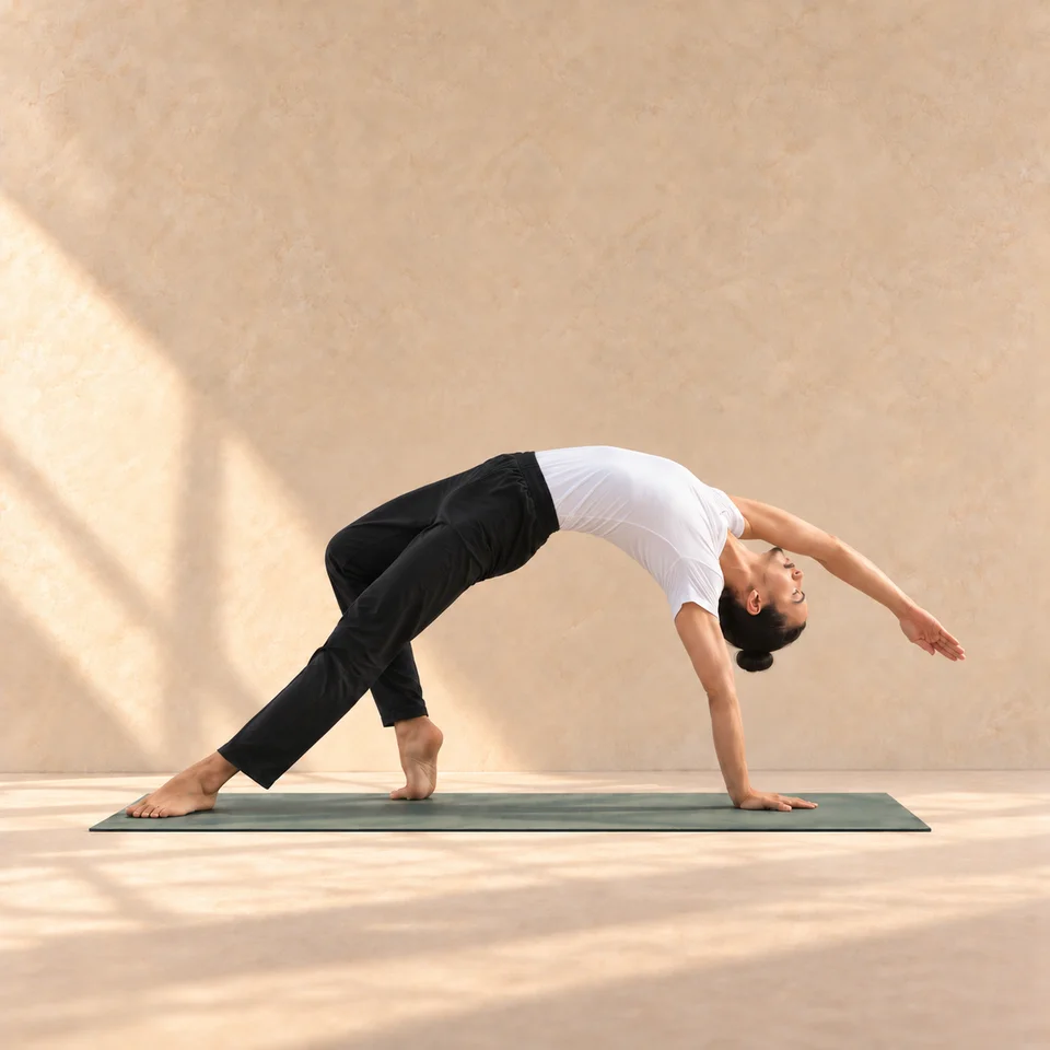 Camatkarasana de profil : une main et deux pieds au tapis, bassin soulevé, poitrine ouverte et bras libre tendu au-dessus de la tête.