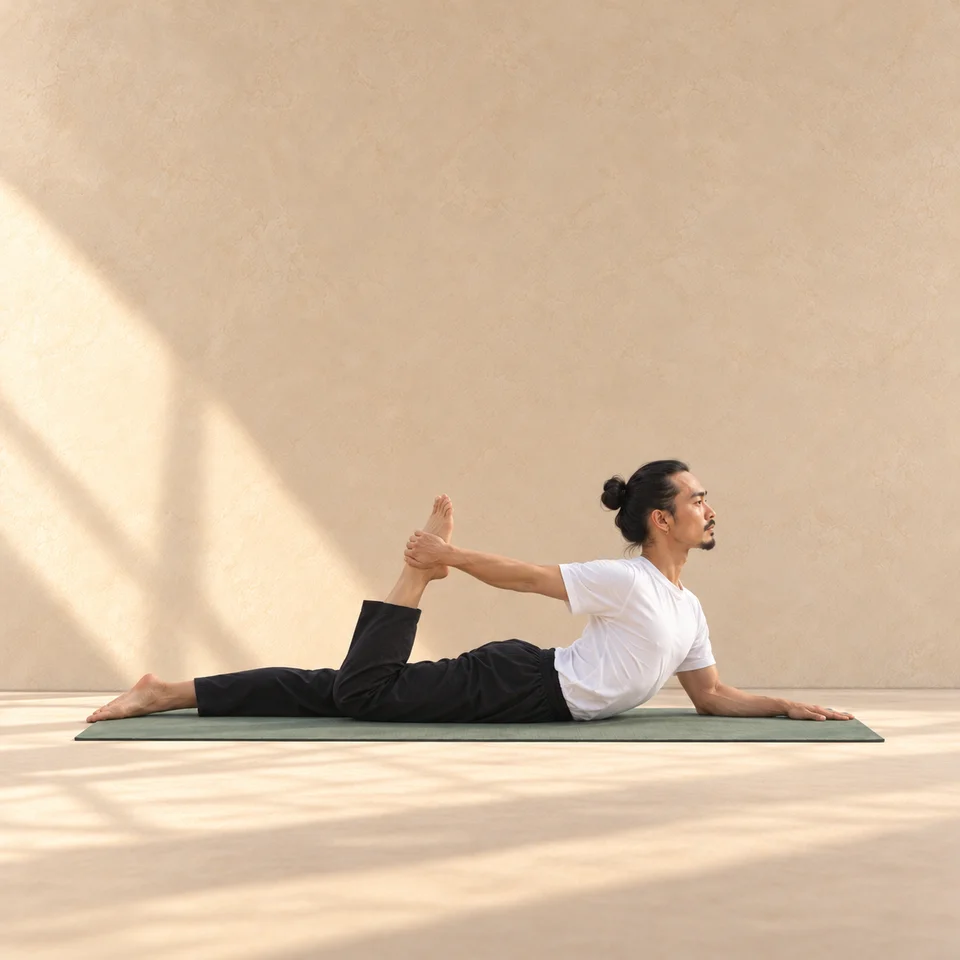 Ardha Bhekasana de profil vers la droite : homme sur le ventre, un avant-bras au tapis, autre main tenant le pied de la jambe pliée.