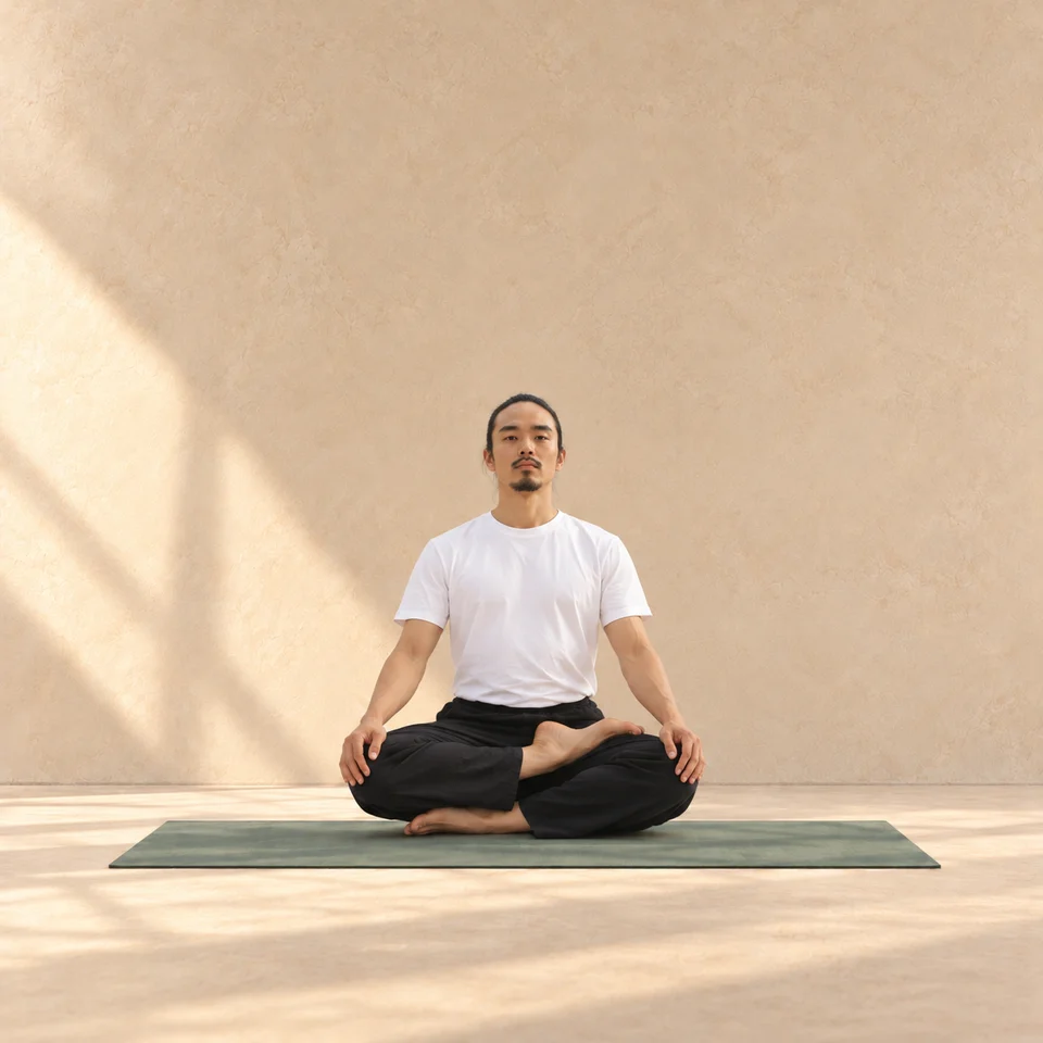 Homme assis de face en demi-lotus, un pied sur la cuisse opposée, mains sur les genoux et buste droit.