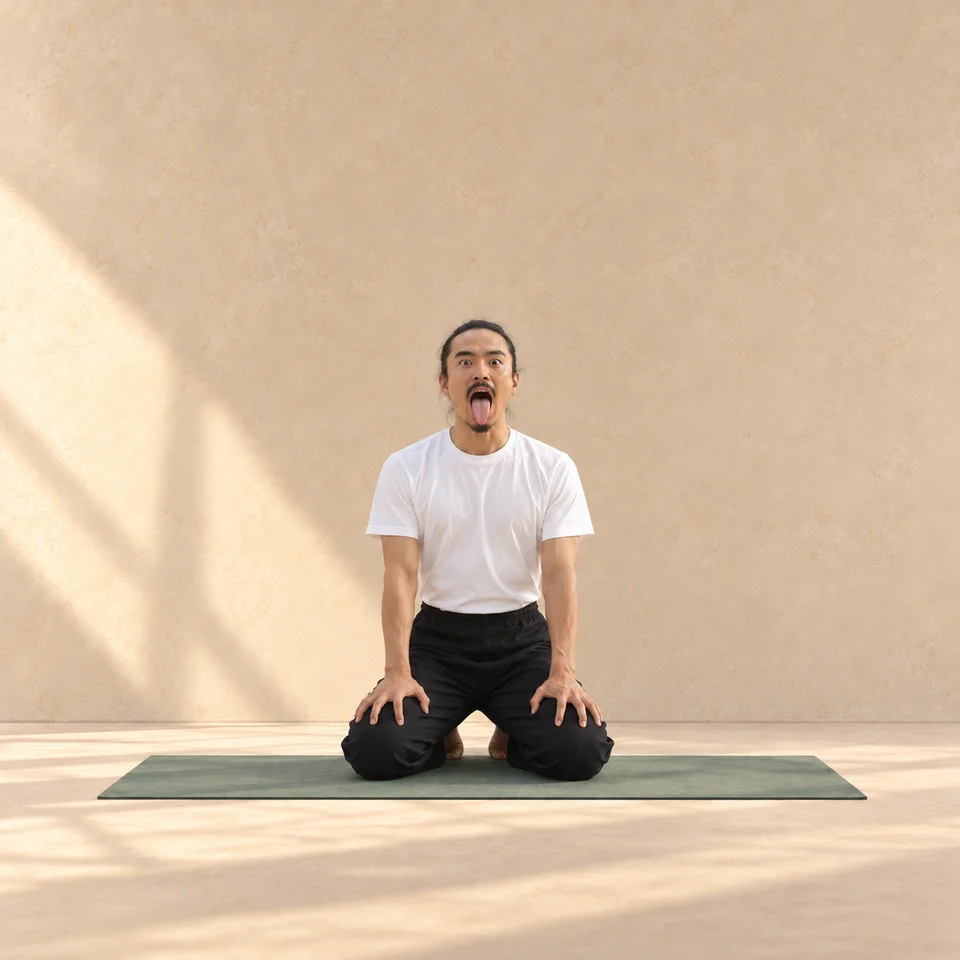 Homme agenouillé de face, mains sur les cuisses, bouche ouverte et langue sortie dans la posture du Lion.